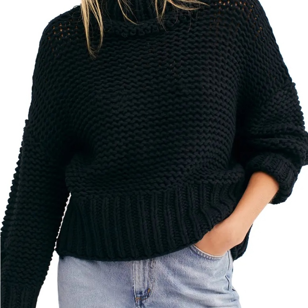 Free People My Only Sunshine Chunky Knit Turtleneck Sweater in Black Small